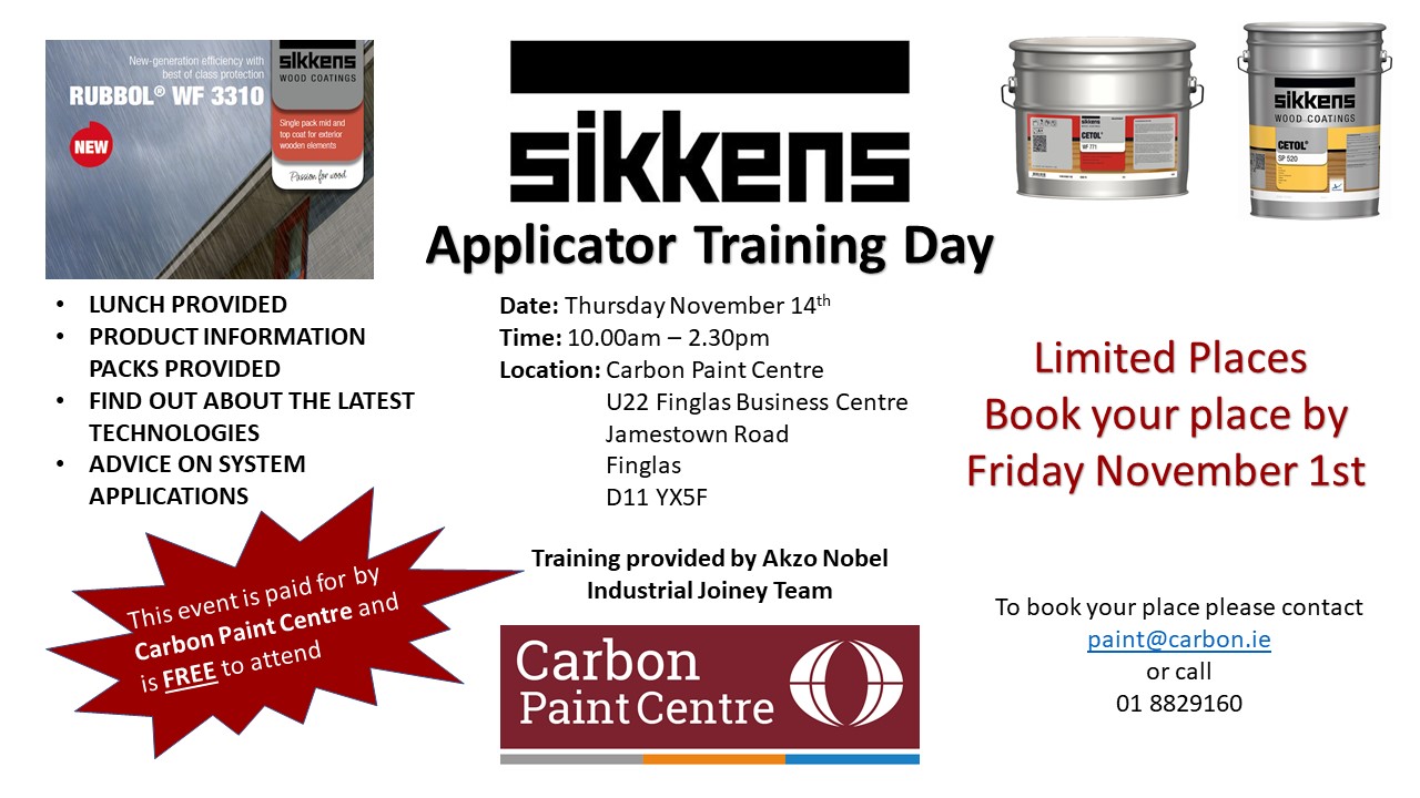 Poster inviting bookings for the upcoming Sikkens Applicator training day on 14th November, 2019