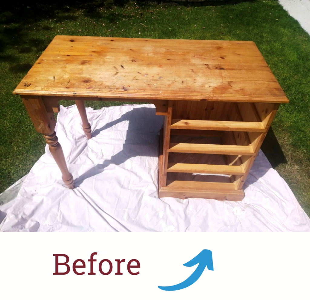 A 'before' photo of a an old desk that a customer used for an upcycling project
