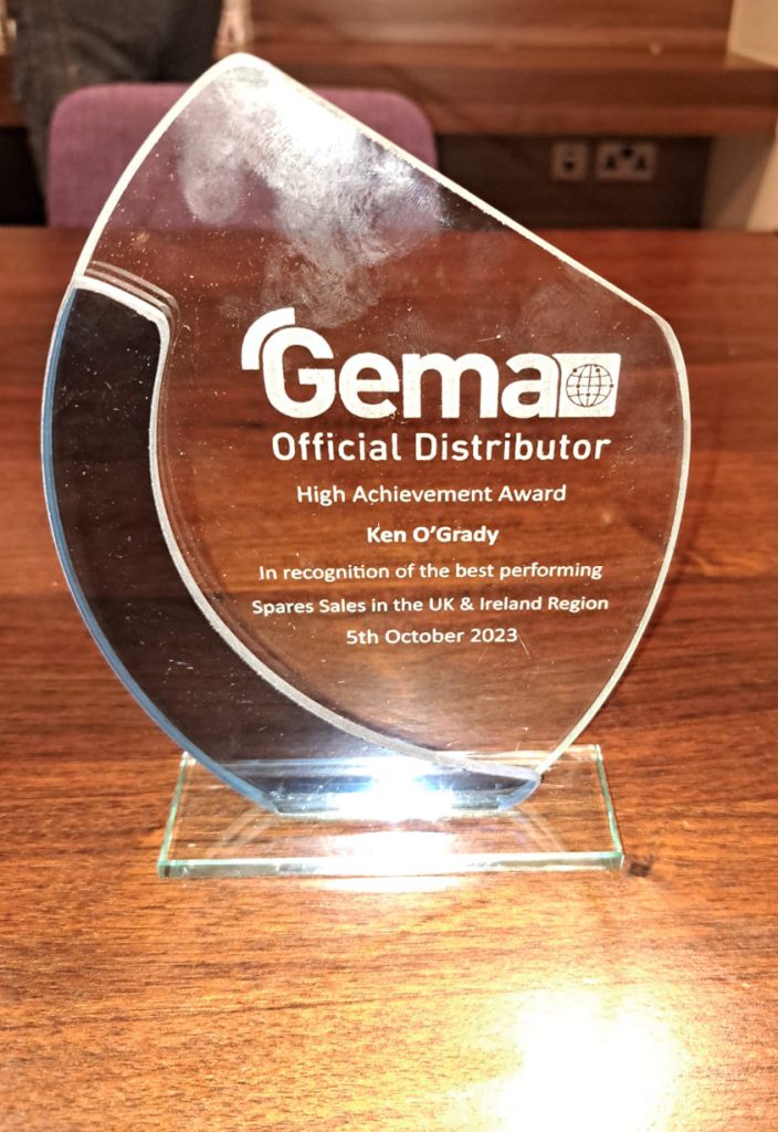 Photo of the 'High Achievement Award' awarded to Ken O'Grady by Gema UK & Ireland 