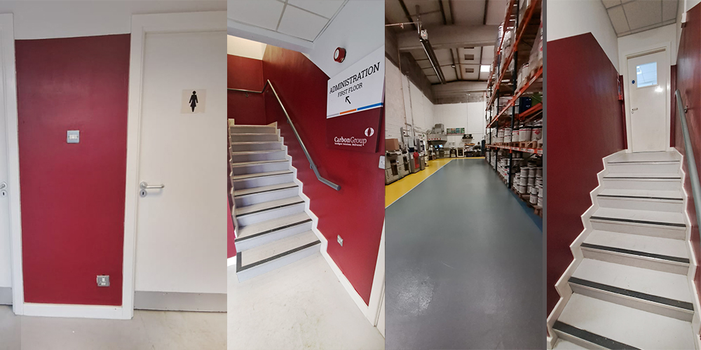 Carbon Paint Centre, Finglas - newly-painted walls in admin building, plus freshly-painted warehouse floor. 