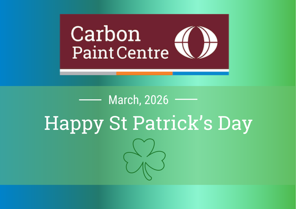 A Carbon Paint Centre branded banner with a Happy Saint Patrick's Day greeting.