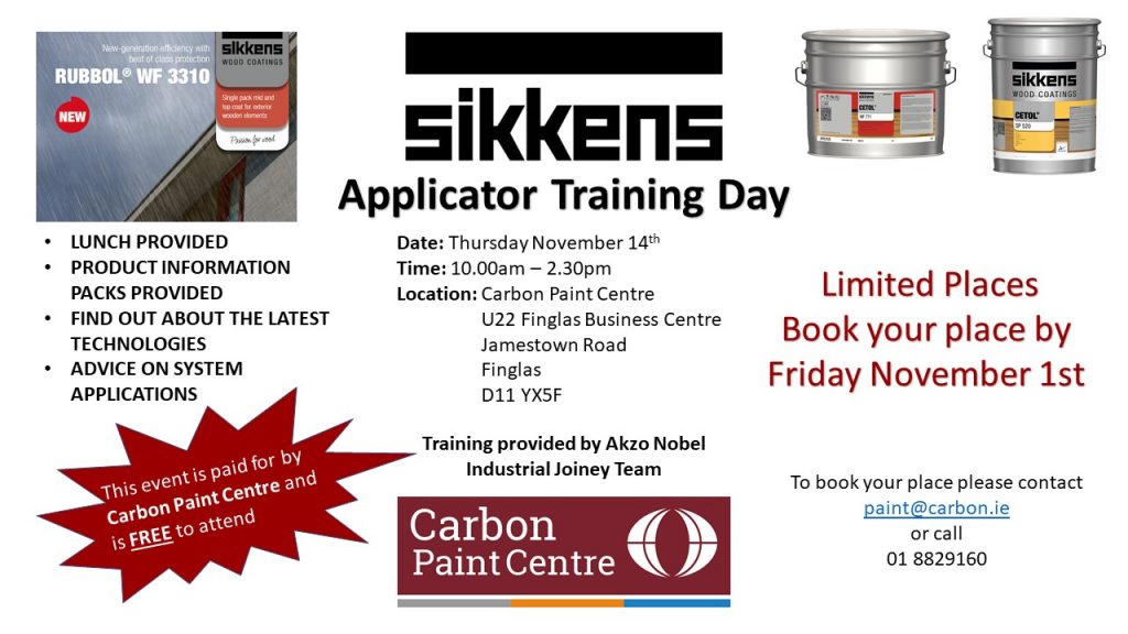 Poster inviting bookings for the upcoming Sikkens Applicator training day on 14th November, 2019
