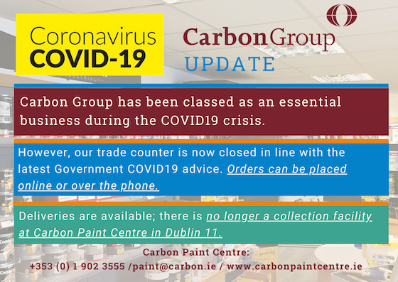 REMINDER: There is no longer a collection facility at Carbon Paint Centre in Dublin 11. Order online or place a telephone order - 01 9023555 / http://carbonpaintmaint.devtest.center #stayhome #stayathome