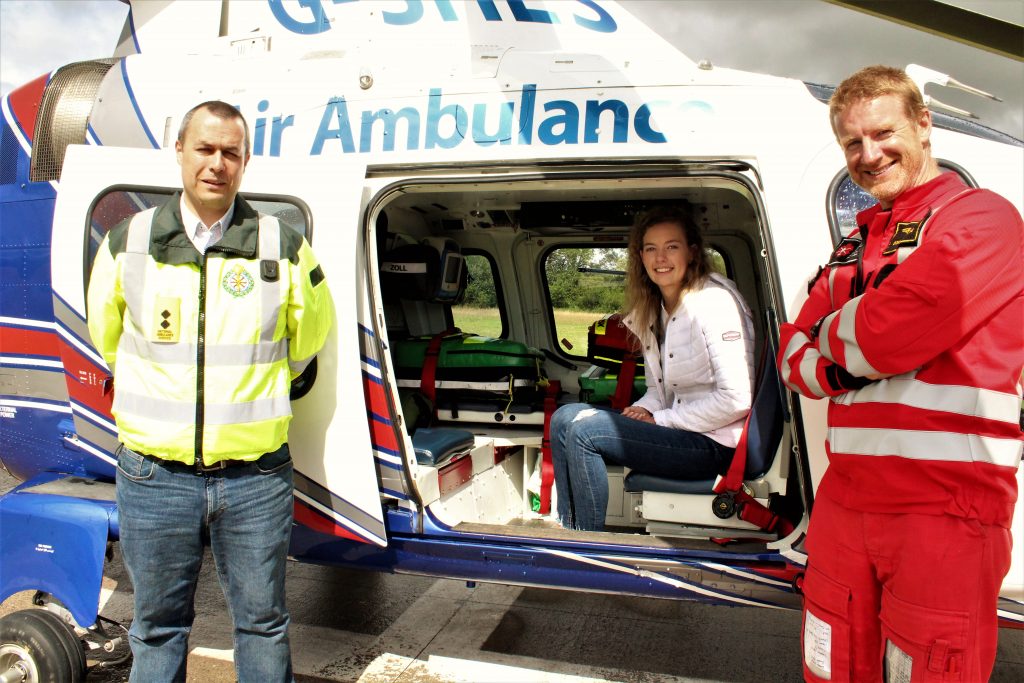Photo (L-R): Paul Traynor (Lead Paramedic, ICRR), Clodagh Lynch, Donagh Verling (Pilot, ICRR). Caption : Following her recovery, Clodagh Lynch got the opportunity to meet with, and express her thanks to, the lead paramedic and pilot who responded to her medical emergency last May.
